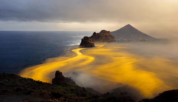 Foto gouden kust oceaan berg met bewolkte hemel