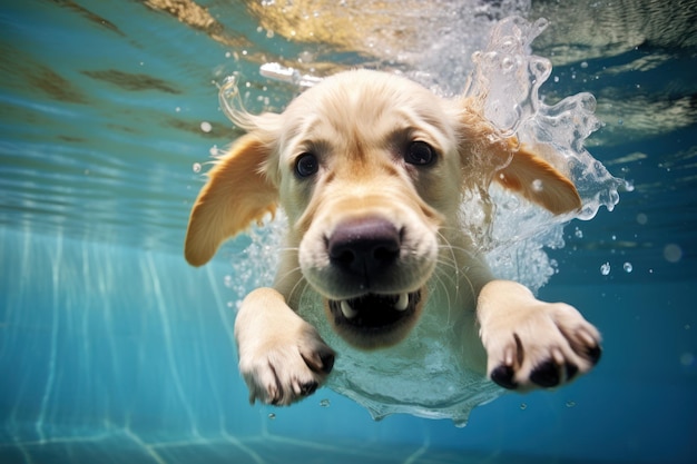 Gouden labrador retriever pup spelen en trainen onder water