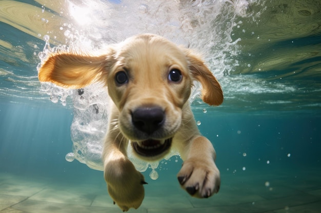 Gouden labrador retriever pup spelen en trainen onder water