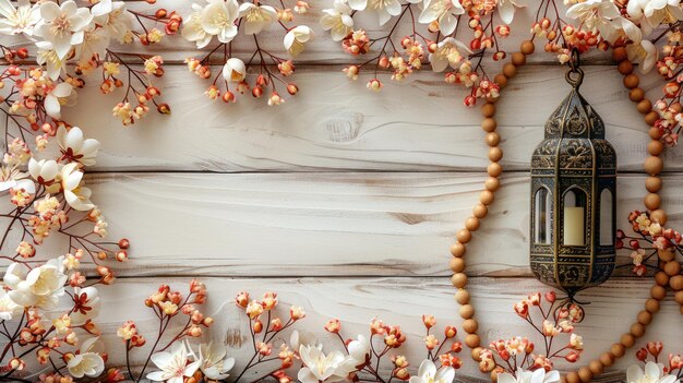 Foto gouden lantaarn houten rozenkrans en kleine bloemen op een witte achtergrond voor een ramadan viering