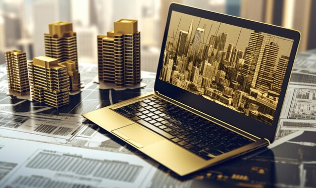 Gouden Laptop met grafiek van de gebouwen van Doubai