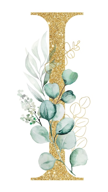 Gouden letter I versierd met groene aquarel eucalyptus takken geïsoleerd op wit Sprankelende Alfabetletters met groene bladeren en bloemen Botanische element voor bruiloft en vakantie briefpapier