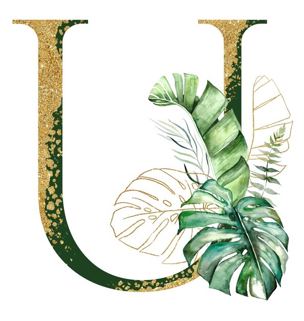 Gouden letter U versierd met groene en gouden aquarel tropische bladeren geïsoleerd