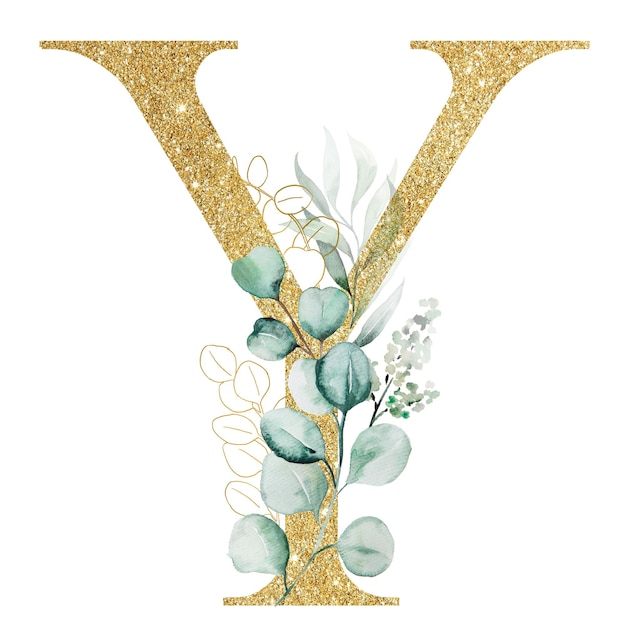 Foto gouden letter y versierd met groene aquarel eucalyptus takken geïsoleerd op wit sprankelende alfabetletters met groene bladeren en bloemen botanische element voor bruiloft en vakantie briefpapier