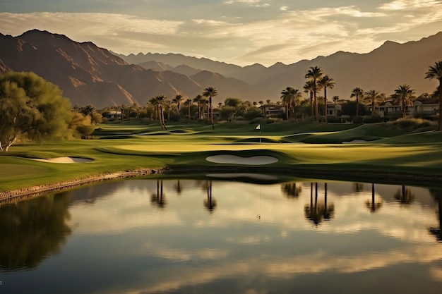 Gouden licht schijnt op Indian Wells Golf Resort een woestijn oase in Palm Springs AI