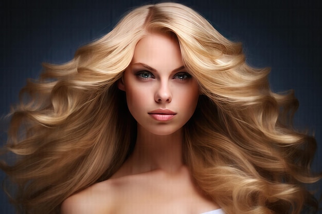 Gouden lokken die het ideale haar van een mooie blonde vrouw op een foto vastleggen