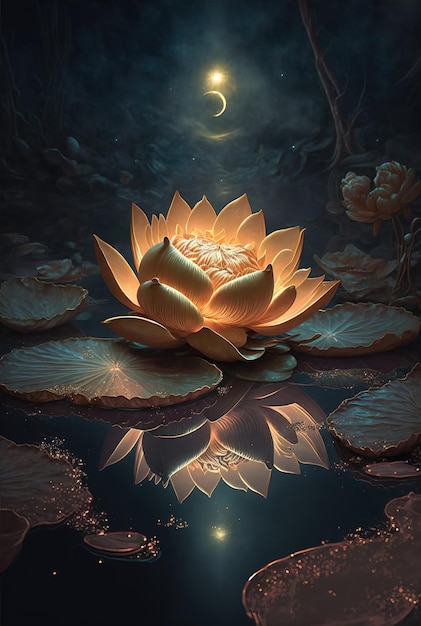 Gouden lotusbloem bloeit 's nachts in het water in het moeras Fantasie magische bloem geel licht van binnenuit de weerspiegeling van de lotus in het water 3d illustratie