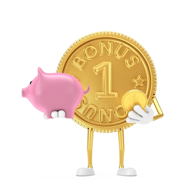 Gouden loyaliteitsprogramma Bonus munt persoon karakter mascotte met spaarvarken en gouden dollar munt op een witte achtergrond. 3D-rendering