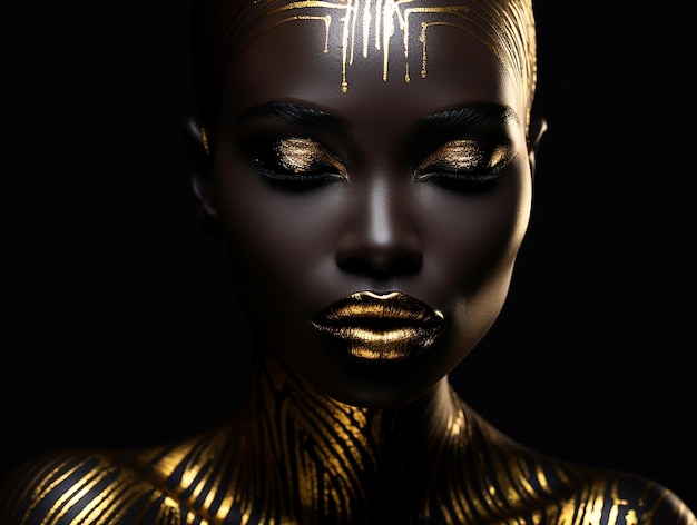 Gouden make-up en artistieke lichaamsverf Modieuze vrouw met Metallic Body Art zwarte huid Glinsterende gouden huid Modieuze kunst digitale ai