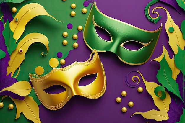 Gouden Mardi Gras kralen groene en paarse confetti en paarse en gouden Maskerade feestmaskers