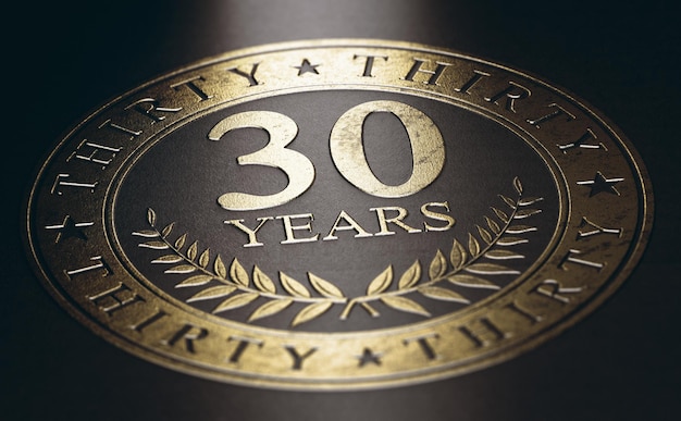 Foto gouden markering op zwarte achtergrond met de tekst 30 jaar. concept voor een aankondiging van een 30-jarig jubileum. 3d illustratie.