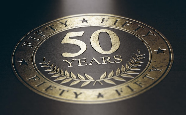 Gouden markering op zwarte achtergrond met de tekst 50 jaar. Concept voor een aankondiging van de viering van het 50-jarig jubileum. 3D illustratie.