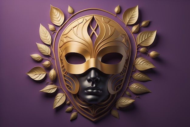 Gouden masker met gouden bladeren op een paarse achtergrond generatieve ai