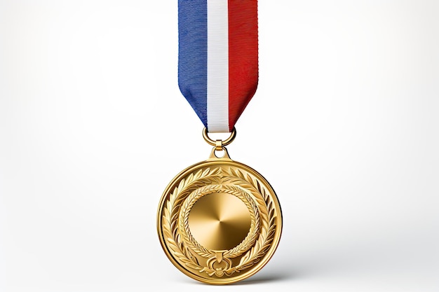 Gouden medaille hangend aan een rood wit en blauw lint