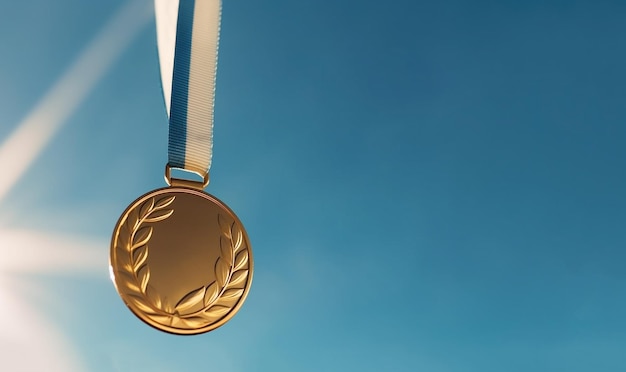 Gouden medaille hangend in de blauwe hemel winnaar tegen blauwe hemel achtergrond kopie ruimtes sportwinnaar