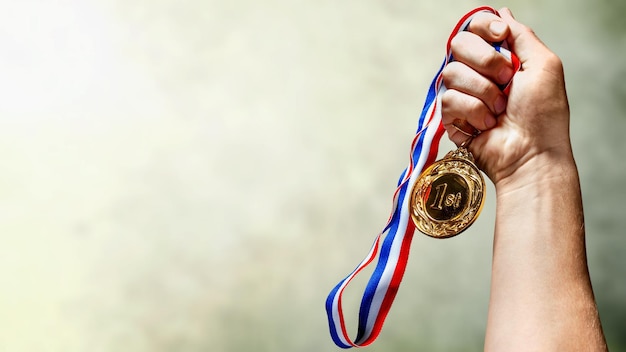 Gouden medaille met lint in de hand op achtergrond