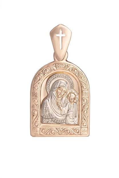 Gouden medaillon icoon van de Moeder Gods De sieraden zijn geïsoleerd op een witte achtergrond Dure sieraden kostbaar