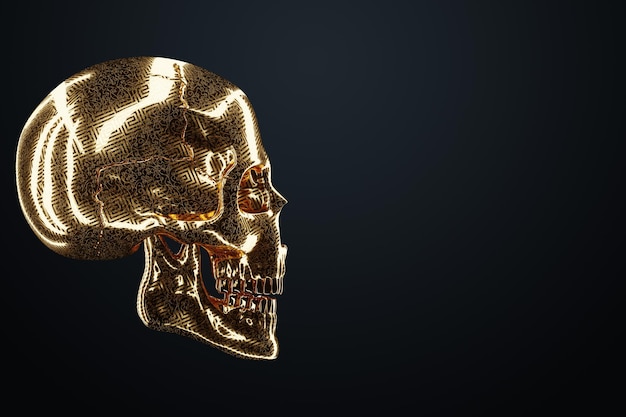 Gouden menselijke schedel op een donkere achtergrond Modern design tijdschrift stijl creatieve afbeelding trendy sjabloon zwart en goud luxe stijl 3D render 3D illustratie