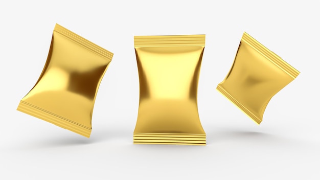 Gouden mockup van kussenverpakking stroomverpakkingsmodellen 3d illustratie