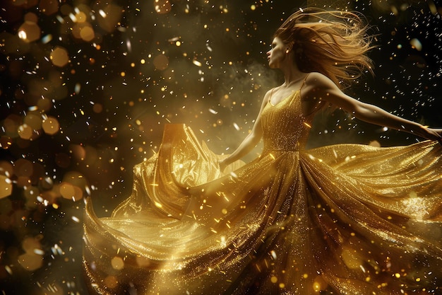 Gouden mode model elegante vrouw vliegende gouden jurk zwaaiende sprankelende jurk stof
