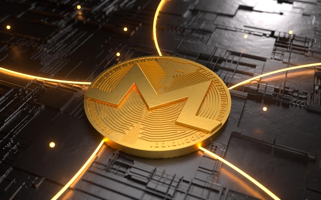 Gouden Monero munt Cryptocurrency logo en abstracte technische achtergrond