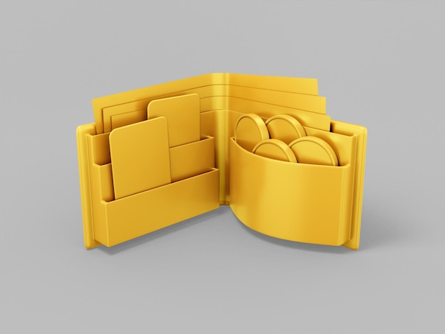 Gouden mono kleur portemonnee op grijze effen achtergrond Minimalistisch design object 3D-rendering pictogram ui ux interface-element