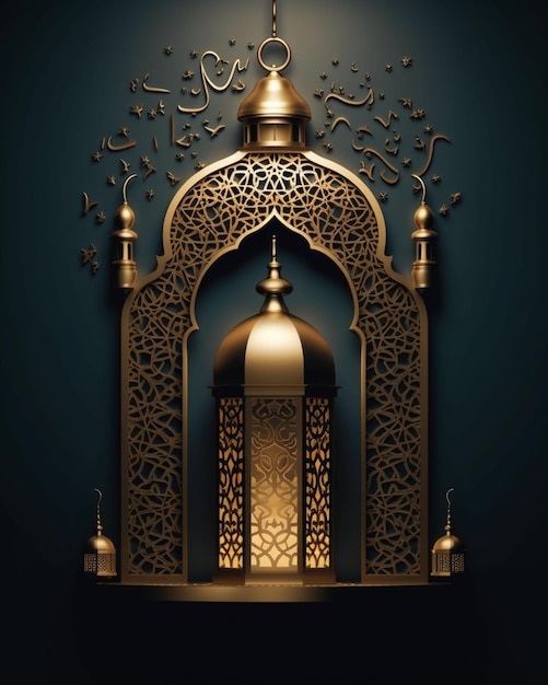 Gouden moskeelantaarn op zwarte donkere achtergrond