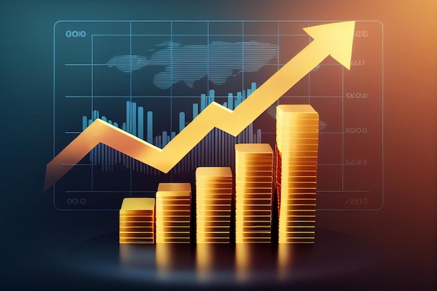 Gouden munt en pijl met een opwaartse pijlgrafiek Markt opwaartse investeringshandel generatieve AI