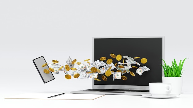 Gouden munt geld vliegen uit laptop scherm online markt succes concept 3D-rendering