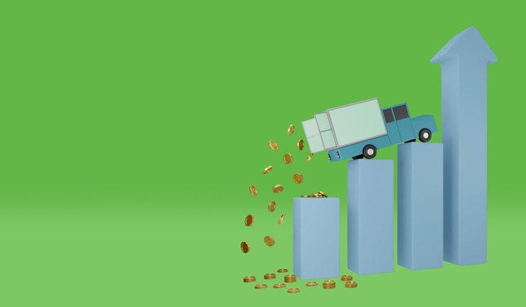 Foto gouden munt valt van vrachtwagen in termen van bedrijfsgroei 3d-weergavebeeld van gestileerd cartoonconcept