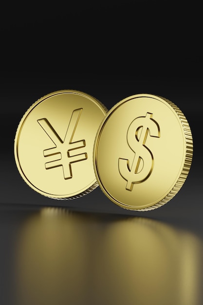 Gouden munten met dollar en yuan teken op donkere achtergrond 3d illustratie