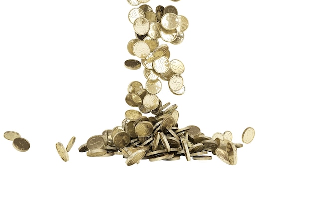 Gouden munten met dollarteken vallen op de grond 3D-illustratie op een witte achtergrond zonder schaduw
