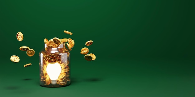 Gouden munten met gloeilamp in transparante pot met kopie ruimte 3D renderen