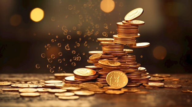 Gouden munten stromen naar beneden stapel van grote munten hoeveelheid geld