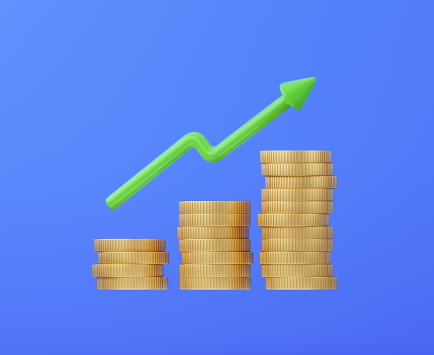 Gouden muntenstapel met pijlgeldgroei en investeringsconcept