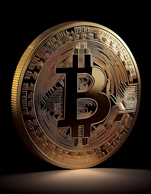 Gouden muntstuk van crypto bitcoin met zwarte achtergrond