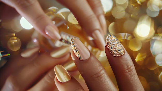 Foto gouden nagelkunst manicure vakantiestijl heldere manicure met edelstenen en glinsterende fles generatieve ai