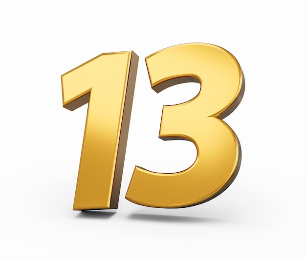 Gouden nummer 13 dertien geïsoleerde witte achtergrond glanzend 3d nummer 13 gemaakt van goud 3d illustratie