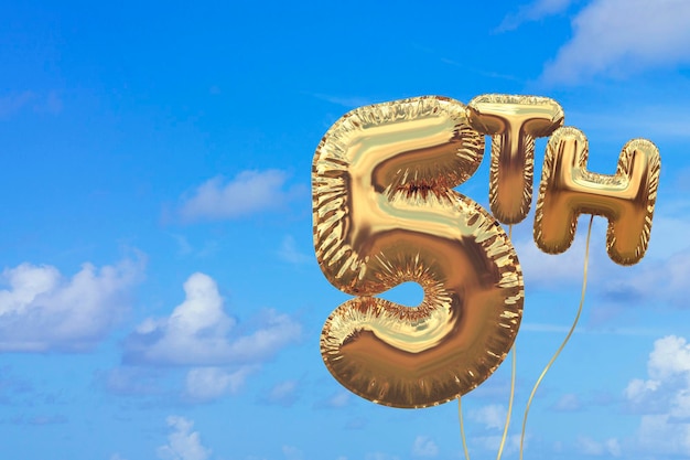 Foto gouden nummer 5 folieverjaardagsballon tegen een helderblauwe zomerhemel gouden feestviering 3d-rendering