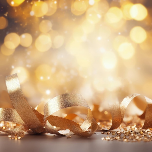 Gouden onscherpe achtergrond met een bokeh-effect, confetti en gouden linten Ai gegenereerd