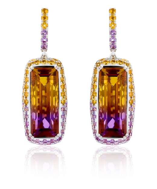 Gouden oorbellen met edelstenen ametrine. oorbellen in wit goud met edelstenen citrien, ametis.