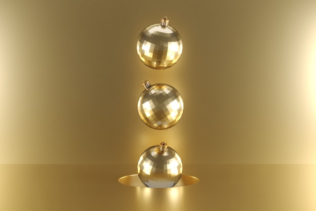 Gouden ornament drijvend op goud. minimaal kerstidee. 3D-weergave.