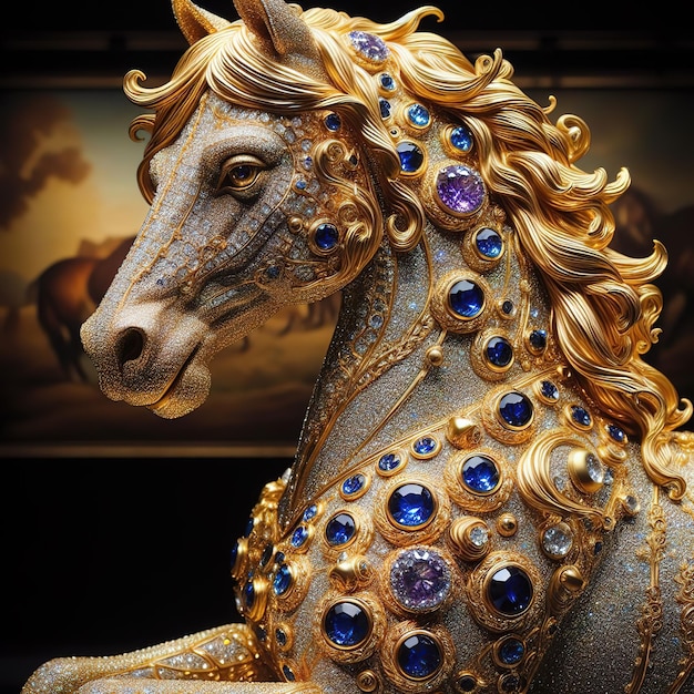 Foto gouden paardenvormige sieraden en bekleed met diamanten en juweelen kralen door ai gegenereerd