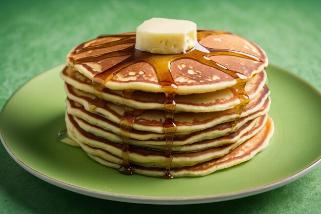 Gouden pannenkoek stapel met siroop cascade ai gegenereerd