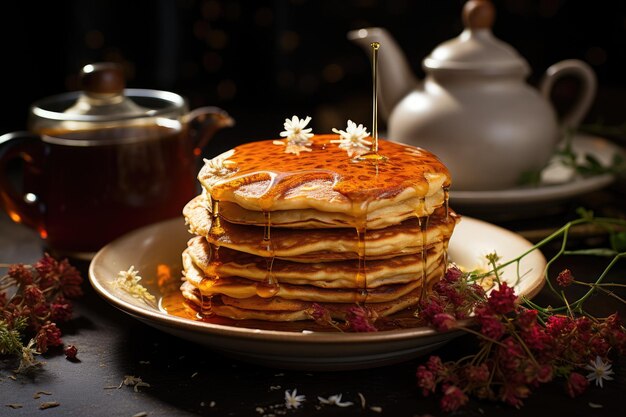 Gouden pannenkoeken met kaneel naast koffie generatieve IA