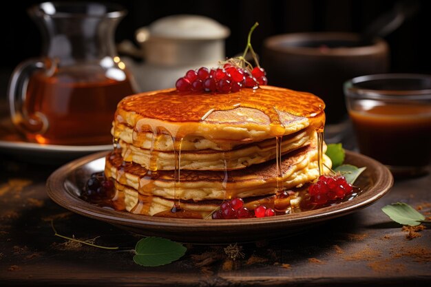 Gouden pannenkoeken met kaneel naast koffie generatieve IA