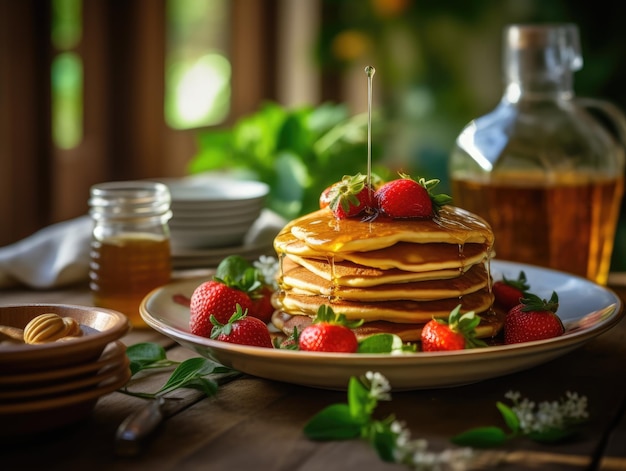 Gouden pannenkoeken met verse aardbeien en honing