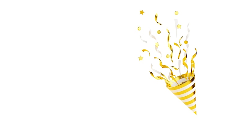 Foto gouden party popper met vliegende confetti 3d render illustratie geïsoleerd op wit. gouden voetzoeker explodeert met serpentine - verjaardags- en jubileumbanner met kegelpopper en kopieerruimte.