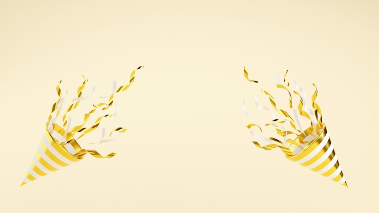 Foto gouden party popper met vliegende confetti op achtergrond met kopie ruimte 3d render illustratie. gouden voetzoeker explodeert met serpentijn voor verrassing of winnaarconcept - verjaardagsverjaardagsbanner.