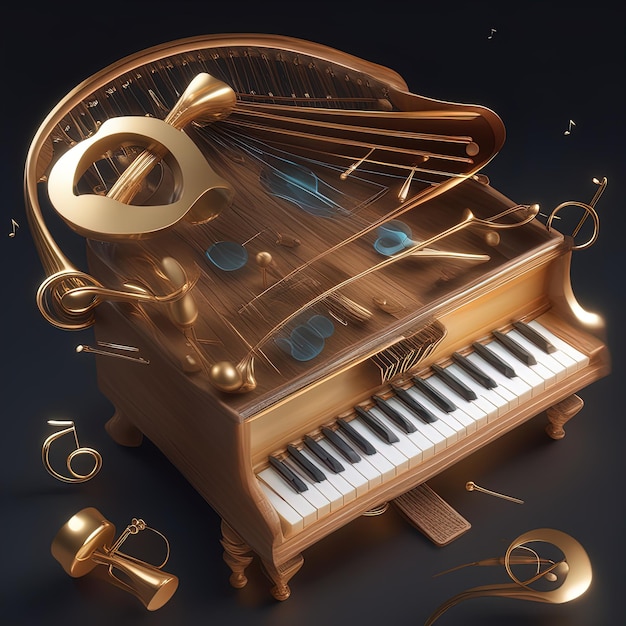 gouden piano met muziekinstrument3 d rendering illustratie van een oude klassieke piano met een gouden